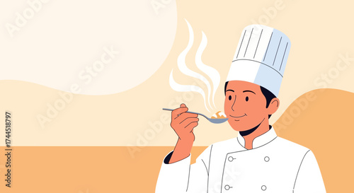 Chef Tasting Delicious Dish, Smelling Aroma, Gourmet Food Preparation, Culinary Excellence