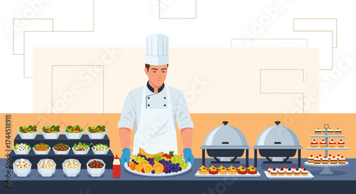 Chef with buffet of food and desserts prepared for catering event or party