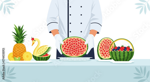 Chef with carved watermelon and fruit displays creative food art for presentation