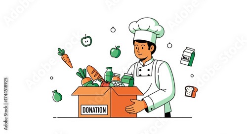 Chef with Donation Box Full of Food and Supplies for Charity or Food Bank