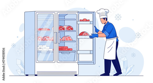 Chef Working Behind Kitchen Refrigerator, Preparing With Fresh Meat or Meat Products