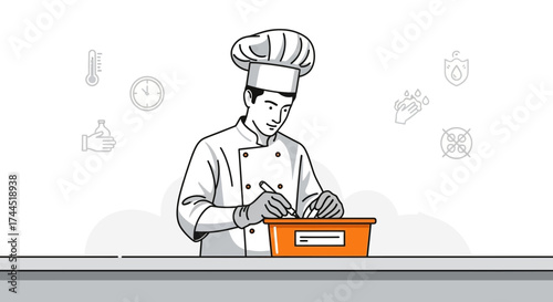 Chef Working Behind the Counter, Recording Information, In a Simple Illustration
