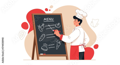 Chef Writing a Menu on a Blackboard in a Restaurant or Cafe, Flat Illustration