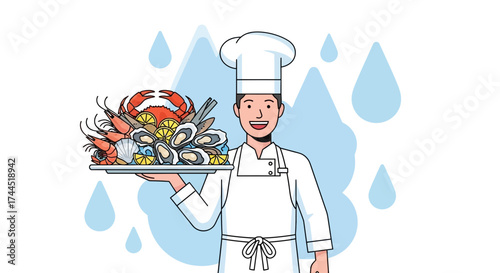 Chef with seafood platter illustration with rain drops and blue background