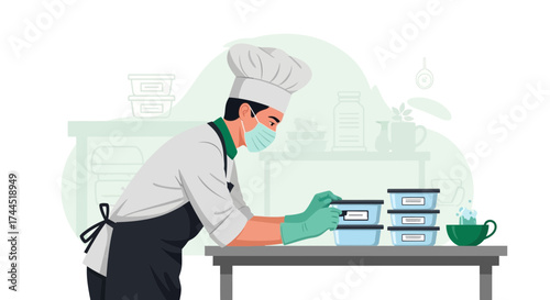 Chef With Protective Gear Packages Food For Delivery At The Kitchen Table