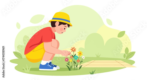 Child Exploring Garden Delights, Observing Blossoms, Enjoying Serene Environment Moment