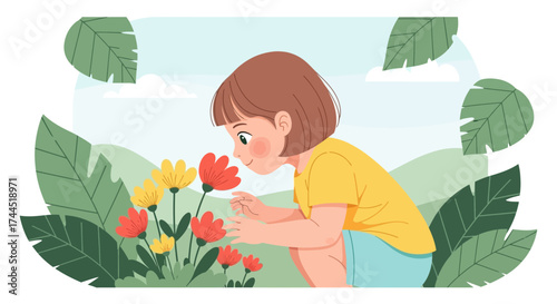 Child Exploring Nature: A Joyful Moment Inhaling the Fragrance of Blossoms of a Greenery Scenery