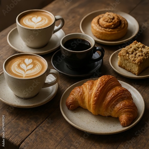 Delicious breakfast scene with coffee, latte, croissant, cinnamon roll, and cake on a wooden table. Perfect for cafe, food, and lifestyle content.
