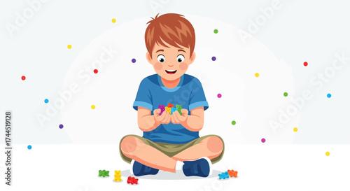 Child Playing With Colorful Objects, Sitting and Thinking with a Happy Expression