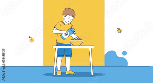 Child Preparing Breakfast: A Simple Illustration for Healthy Lifestyle and Nutrition
