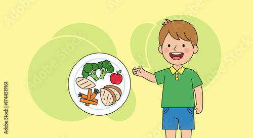 Child presenting a healthy balanced meal for kids, promoting a proper food healthy diet plan