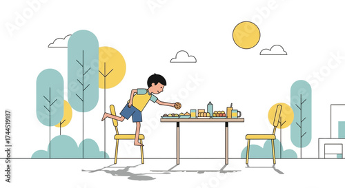 Child Reaches For Food At Table In A Stylized Outdoor Scene, Simple And Cheerful Vibe