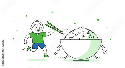 Child using chopsticks to eat rice from a playful bowl, whimsical food illustration
