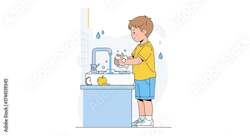 Child Washing Hands With Soap and Water For Hygiene and Health In A Clean Environment
