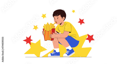 Child Consuming French Fries With A Celestial Design Against A White Backdrop