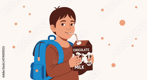 Child With Backpack Drinking Chocolate Milk From a Carton After School, Healthy Food