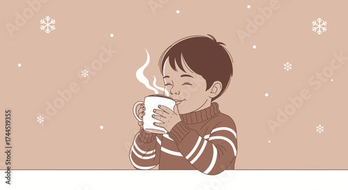 Child Delightfully Smelling Hot Chocolate During Winter Season Snowfall Enjoyment
