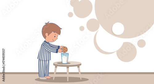Child With Pajamas Dunking Cookie Into Milk Enjoying A Bedtime Snack Illustration