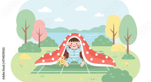 Childhood Adventure: A Delightful Afternoon Picnic in a Vibrant, Smiling Scene