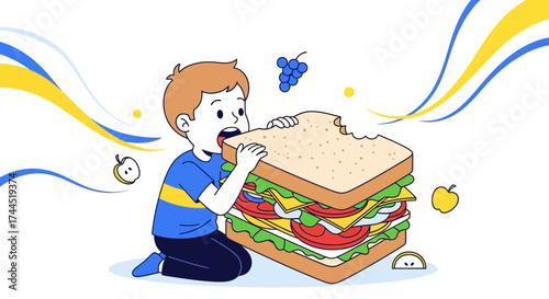 Child Devouring Gigantic Sandwich, Illustrating Gastronomic Joy and Hunger Satisfied