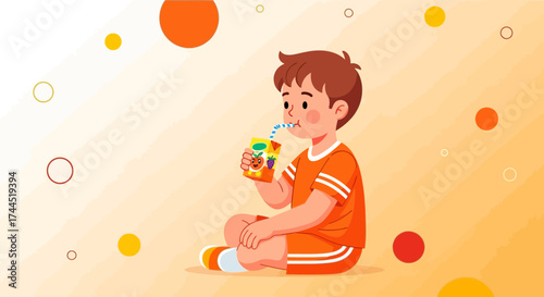 Childhood Refreshment: A Youngster Enjoying A Juice Box With Refreshing Blissful Moments