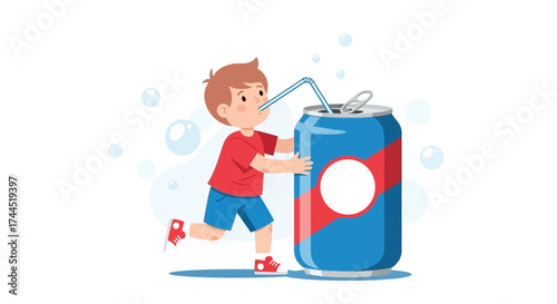 Child Drinking Soda Cartoon Illustration with Bubbles and a Blue Can