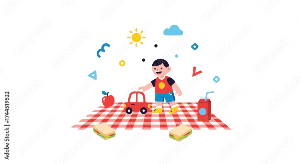 Naklejka premium Child Enjoying A Picnic With Toys And Snacks On A Sunny Day Of Joyful Adventures