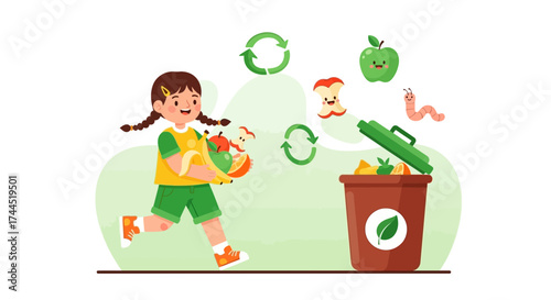 Child Embraces Recycling, Promoting Sustainable Practices With Fruits and Worm Friends