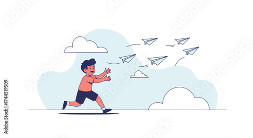 Child's Adventure Chasing Paper Airplanes Symbolizing Dreams and Freedom in Flight