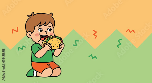 Child Enjoying A Delicious Snack, Cartoon Illustration Of A Happy Kid Eating Food