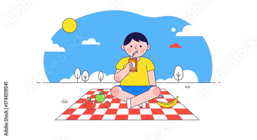 Child Enjoying Beverage During A Picnic In The Park With Healthy Foods And Sky