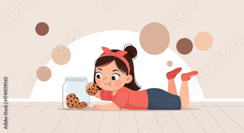 Child Enjoying Cookies From A Glass Cookie Jar While Lying Down With A Bow