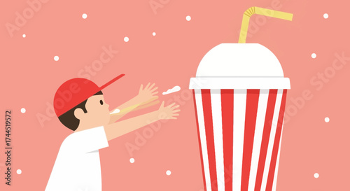 Child's Delightful Moment: Capturing Joy and Refreshment Near A Giant Striped Frappe