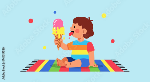 Child Enjoying Cold Ice Cream Treat on Colorful Blanket in Summer Sunlight