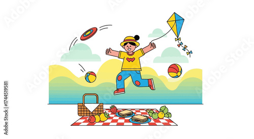 Child's Energetic Picnic Fun With Kite And Playful Ambiance For Happy Day