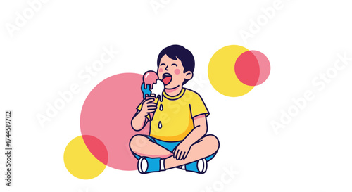 Child Enjoying Ice Cream on Bright Summer Day with Abstract Geometric Shapes