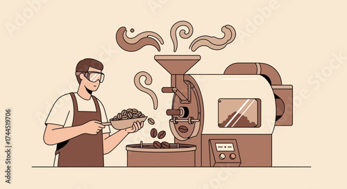 Coffee roaster illustration: A barista roasting coffee beans using professional equipment