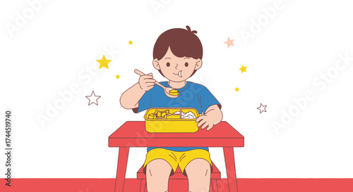 Child Enjoying Lunch: Illustration Featuring A Young Boy Eating From His Lunchbox At Home