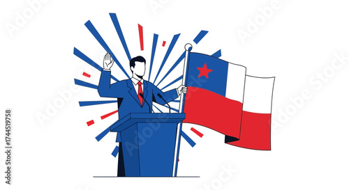 Chilean Politician Speaking Enthusiastically While Waving National Flag At Podium