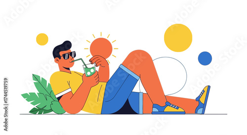 Chilled Out Summer Moment: A Relaxing Illustration Enjoying A Refreshing Drink Outdoors