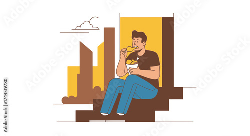 City Dweller Enjoying Fried Chicken Lunch Outdoors Amidst Urban Architectural Setting