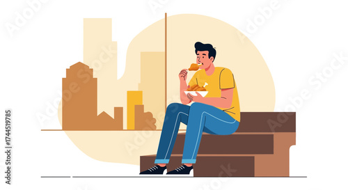 City Dweller Enjoying Fried Food Lunch On A Concrete Structure Vector Illustration