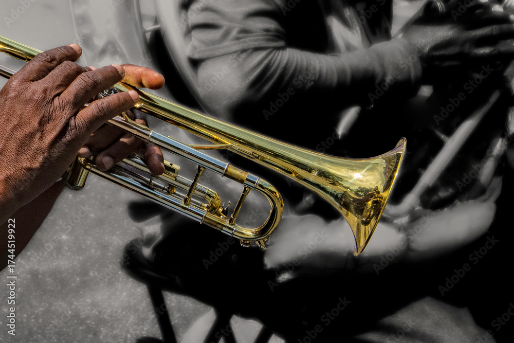 Obraz premium A talented musician passionately plays a trumpet during a lively outdoor event. The environment is filled with energy, highlighting the joy of music in the city scene.