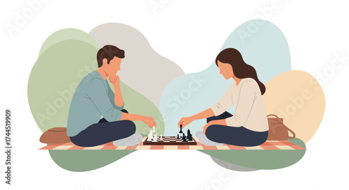 Couple Engaged In A Challenging Chess Match Outdoors On A Sunny Day For Recreation
