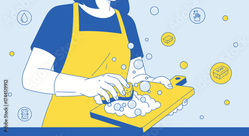 Cleaning Kitchen Essentials: A Simple Illustration of Hand Washing a Cutting Board.