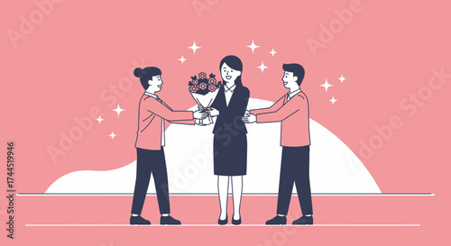 Colleagues Presenting Flowers to Delighted Woman with Appreciation and Gratitude