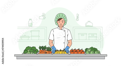 Cleanliness And Healthy Eating: Chef Preparing Fresh Vegetables In A Safe Kitchen