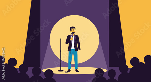Comedian Performing Comedy Show On Stage, Illuminated By Stage Lighting, And Ready To Speak
