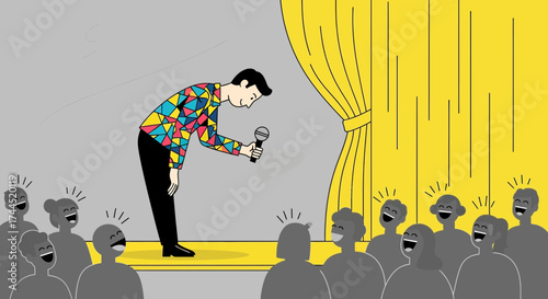 Comic Performer Entertains With Humor On Stage As Audience Laughs And Applauds Enthusiastically