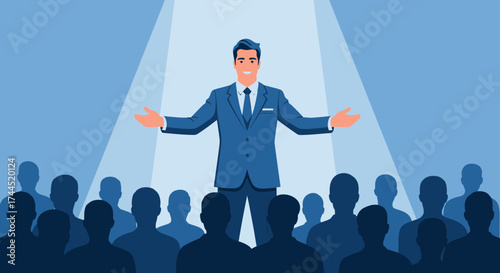 Confident Leader Addresses Audience Under Bright Spotlight Delivering Insightful Speech